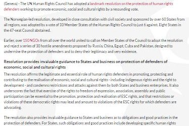 Human Rights Council adopts historic resolution on protection of defenders of economic social and cultural rights