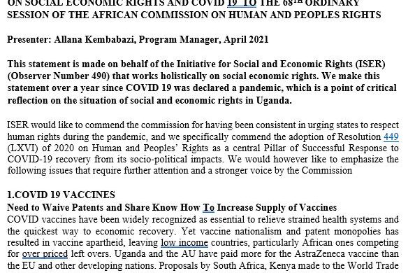 ISER's Oral Statement on Social Economic Rights and COVID 19 to the 68th Ordinary Session of the African Commission on Human and Peoples Rights