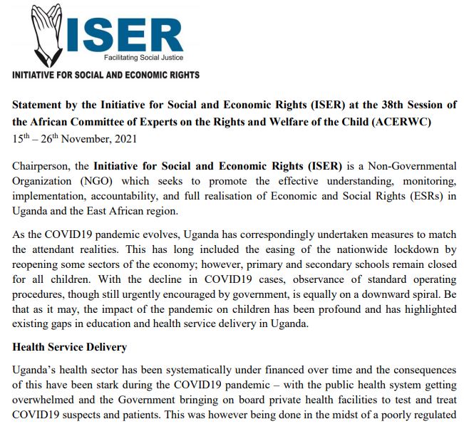 ISER' Statement at the 38th Session of the African Committee of Experts on the Rights and Welfare of the Child (ACERWC)