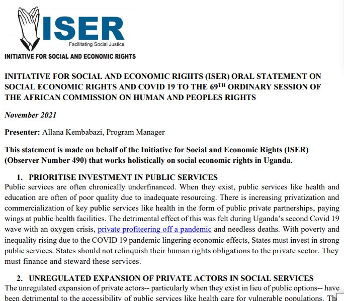 ISER’s Oral Statement on Social Economic Rights and COVID 19 to the 69th Ordinary Session of the African Commission on Human and Peoples Rights