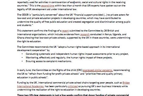 The UK’s financial support to low-cost private education in developing countries in contravention of human rights, says again UN experts