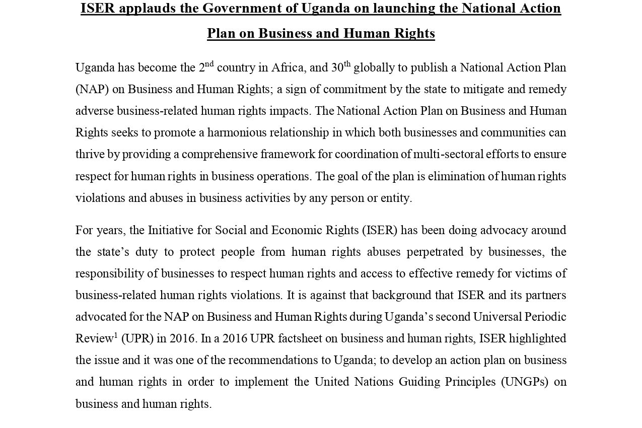 ISER Press Statement on the Launch of the NAP on Business and Human Rights