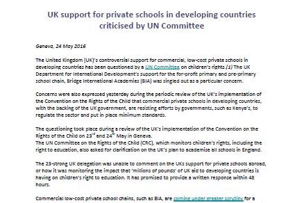 Press Statement: UK support for private schools in developing countries criticised by UN Committee