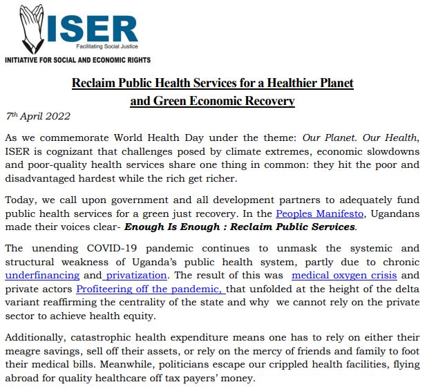 Reclaim Public Health Services for a Healthier Planet and Green Economic Recovery - ISER's statement on World Health Day