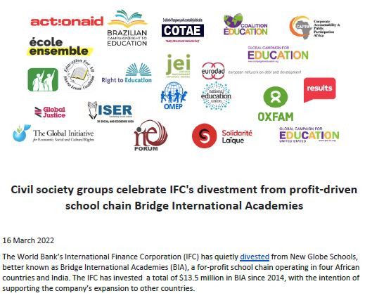 Civil society groups celebrate IFC's divestment from profit-driven school chain Bridge International Academies