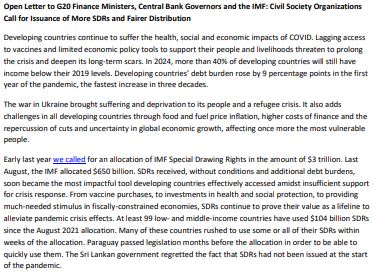Open Letter to G20 Finance Ministers, Central Bank Governors and the IMF: CSOs call for issuance of more SDRs and fairer distribution