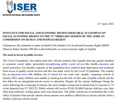 ISER's Oral Statement to 71st Ordinary Session of African Commission on Human and Peoples Rights