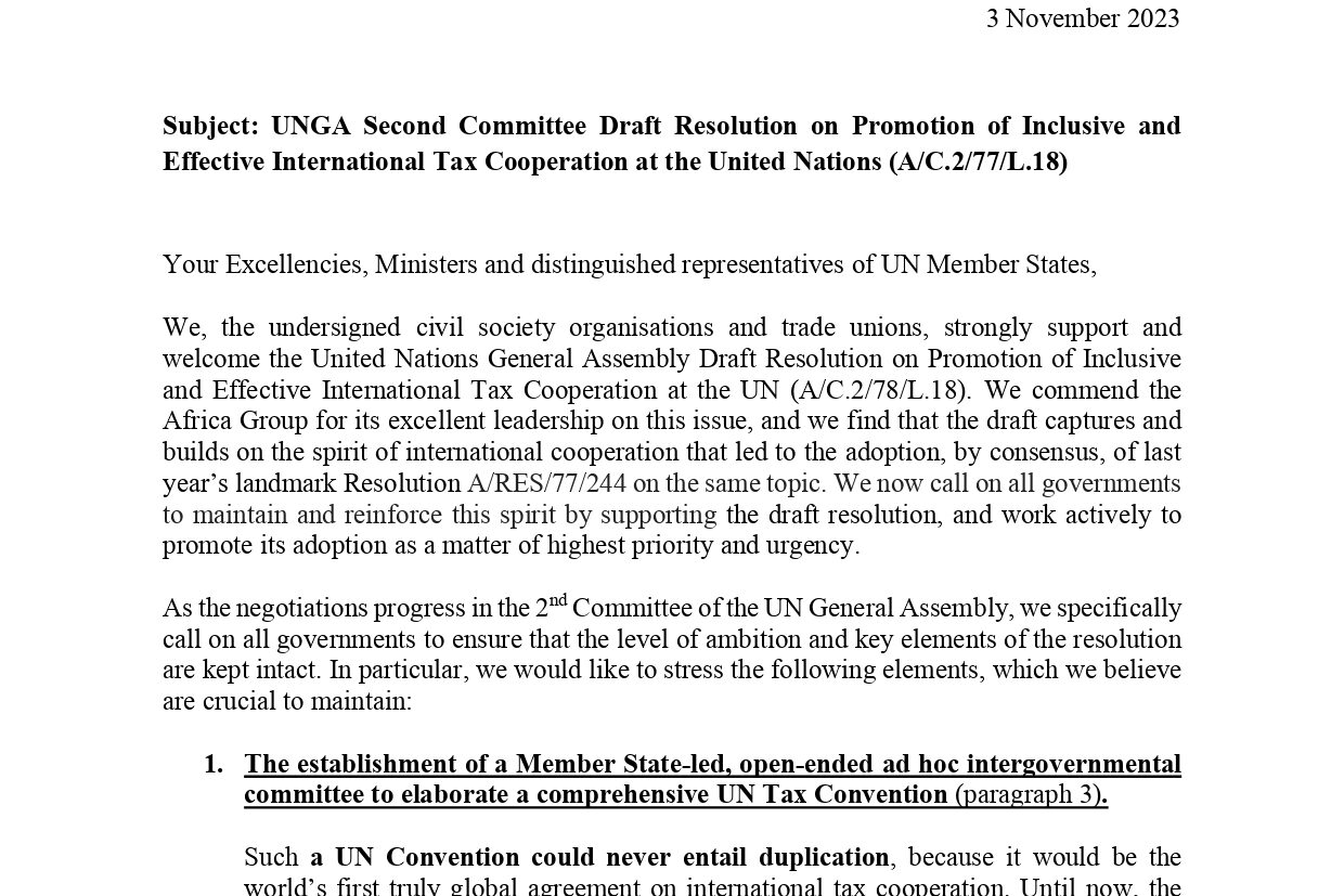Letter to Governments in Support to Africa Group's Tax Resolution