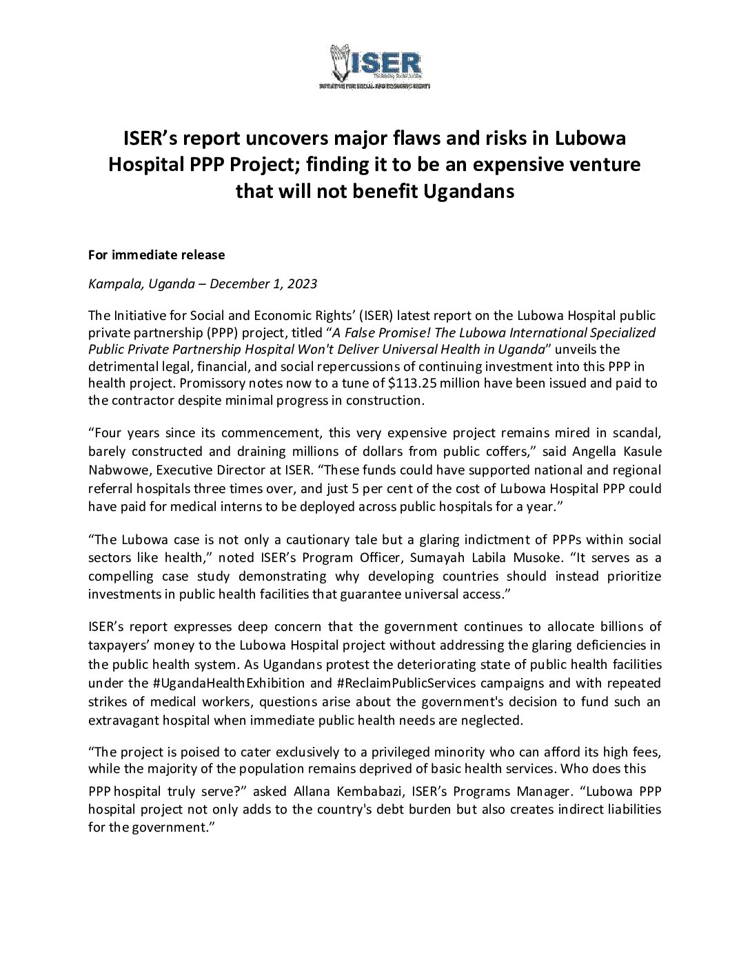 Press Release: ISER's report uncovers major flaws and risks in Lubowa Hospital PPP Project, finding it to be an expensive venture that won’t benefit Ugandans