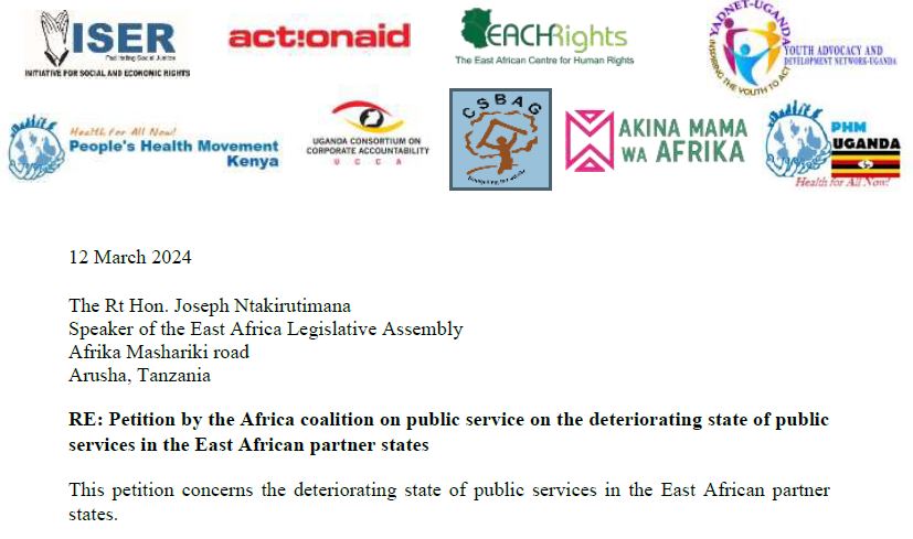 Petition by the Africa coalition on public service on the deteriorating state of public services in the East African partner states