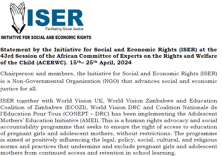 ISER’s Oral Statement at the 43rd Session of the African Committee of Experts on the Rights and Welfare of the Child (ACERWC)