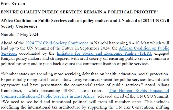 Ensure quality public services remain a political priority: Africa Coalition on Public Services calls on policy makers and UN ahead of 2024 UN Civil Society Conference