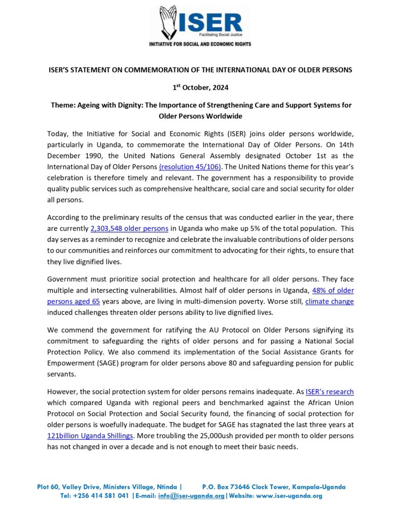 ISER’s Statement on International Day Of Older Persons, 2024