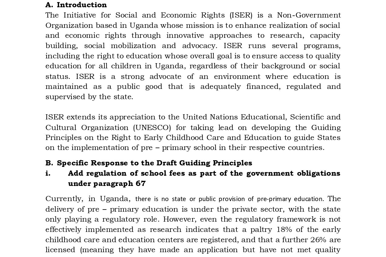 ISER submissions on the draft Guiding Principles on the Right to Early Childhood Care and Education