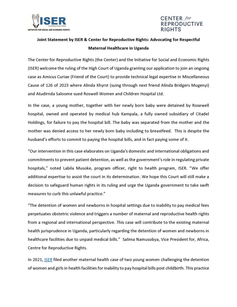 Joint Statement by ISER & Center for Reproductive Rights: Advocating for Respectful Maternal Healthcare in Uganda