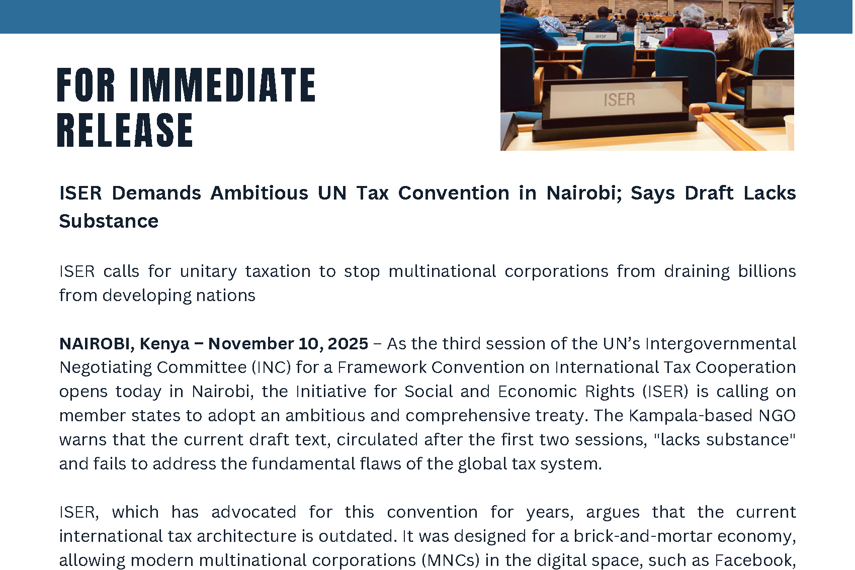 Press Release -  ISER Demands Ambitious UN Tax Convention in Nairobi