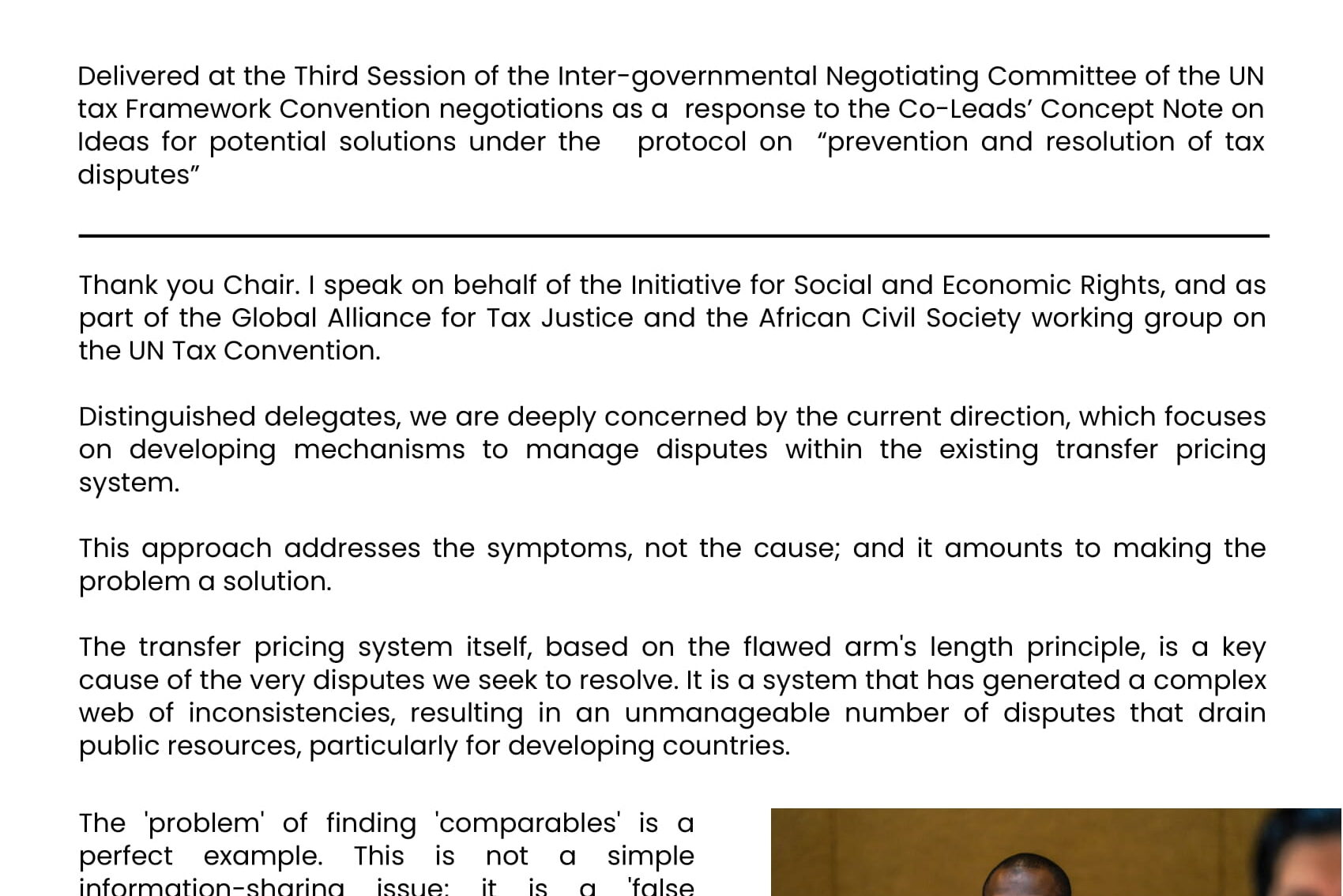 Intervention on the Protocol for Dispute Prevention and Resolution (UN Tax Convention 3rd Session)